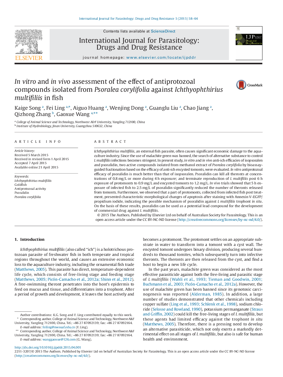 In vitro and in vivo assessment of the effect of antiprotozoal compounds isolated from Psoralea corylifolia against Ichthyophthirius multifiliis in fish 