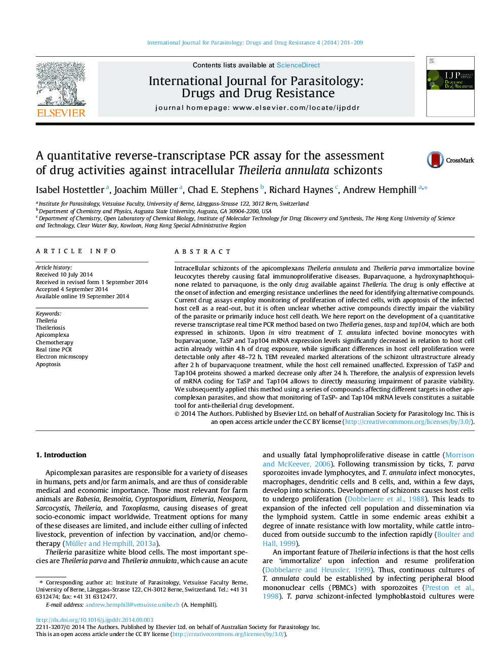 A quantitative reverse-transcriptase PCR assay for the assessment of drug activities against intracellular Theileria annulata schizonts