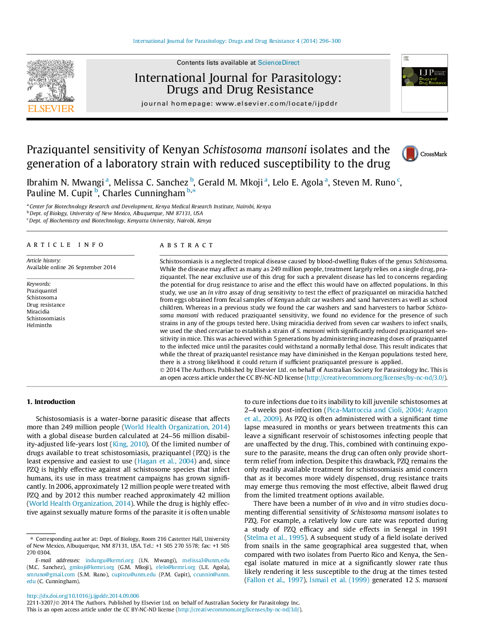 Praziquantel sensitivity of Kenyan Schistosoma mansoni isolates and the generation of a laboratory strain with reduced susceptibility to the drug