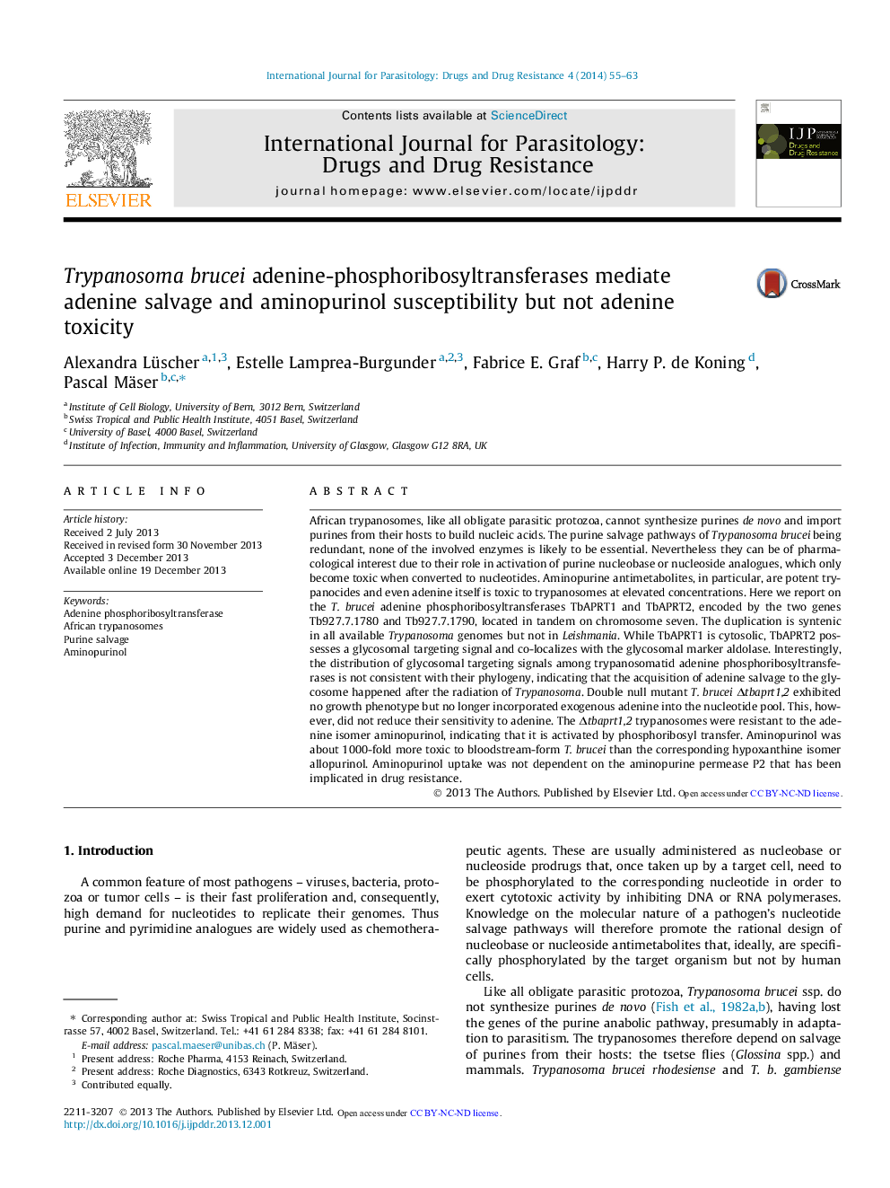 Trypanosoma brucei adenine-phosphoribosyltransferases mediate adenine salvage and aminopurinol susceptibility but not adenine toxicity