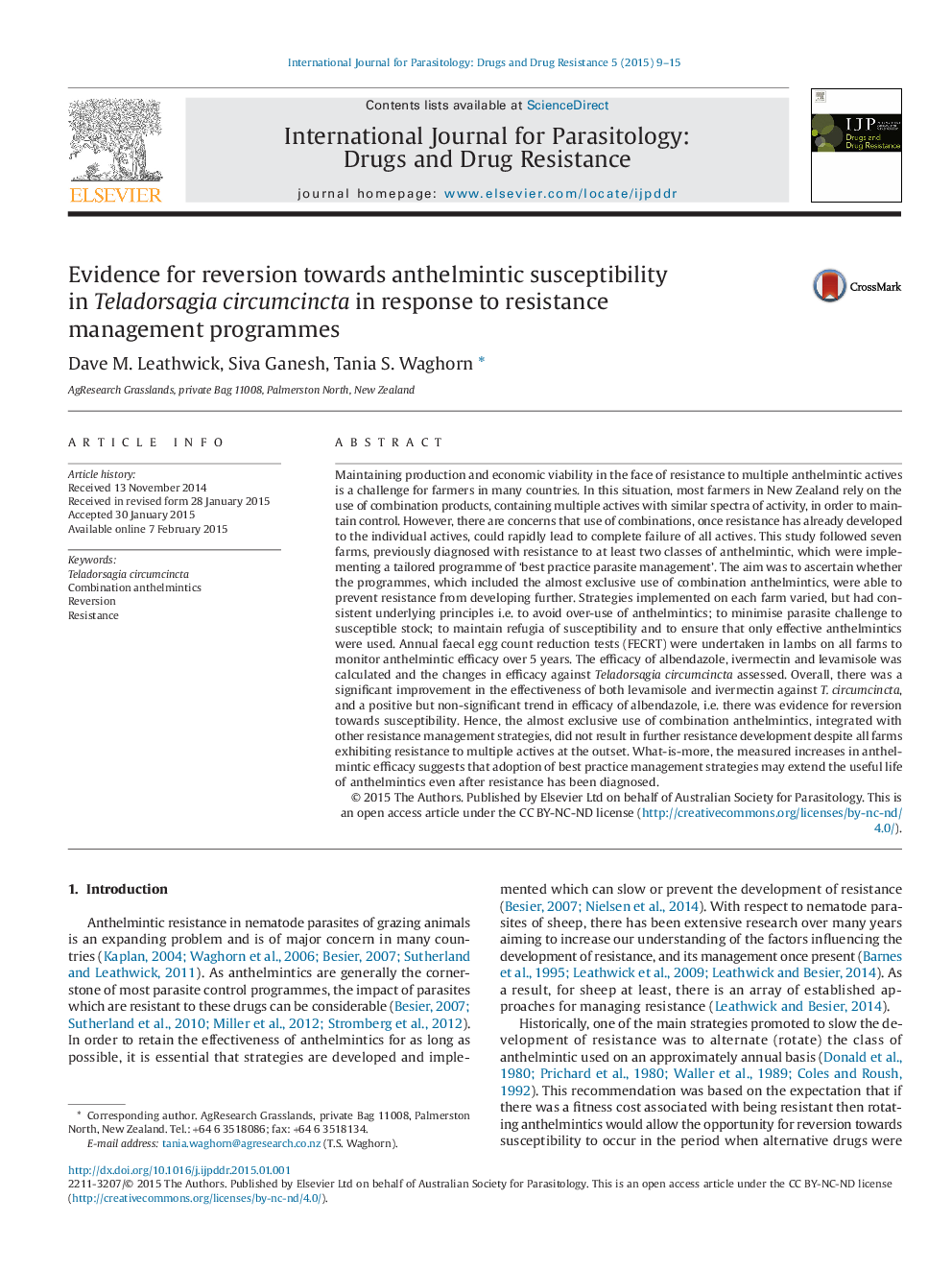 Evidence for reversion towards anthelmintic susceptibility in Teladorsagia circumcincta in response to resistance management programmes