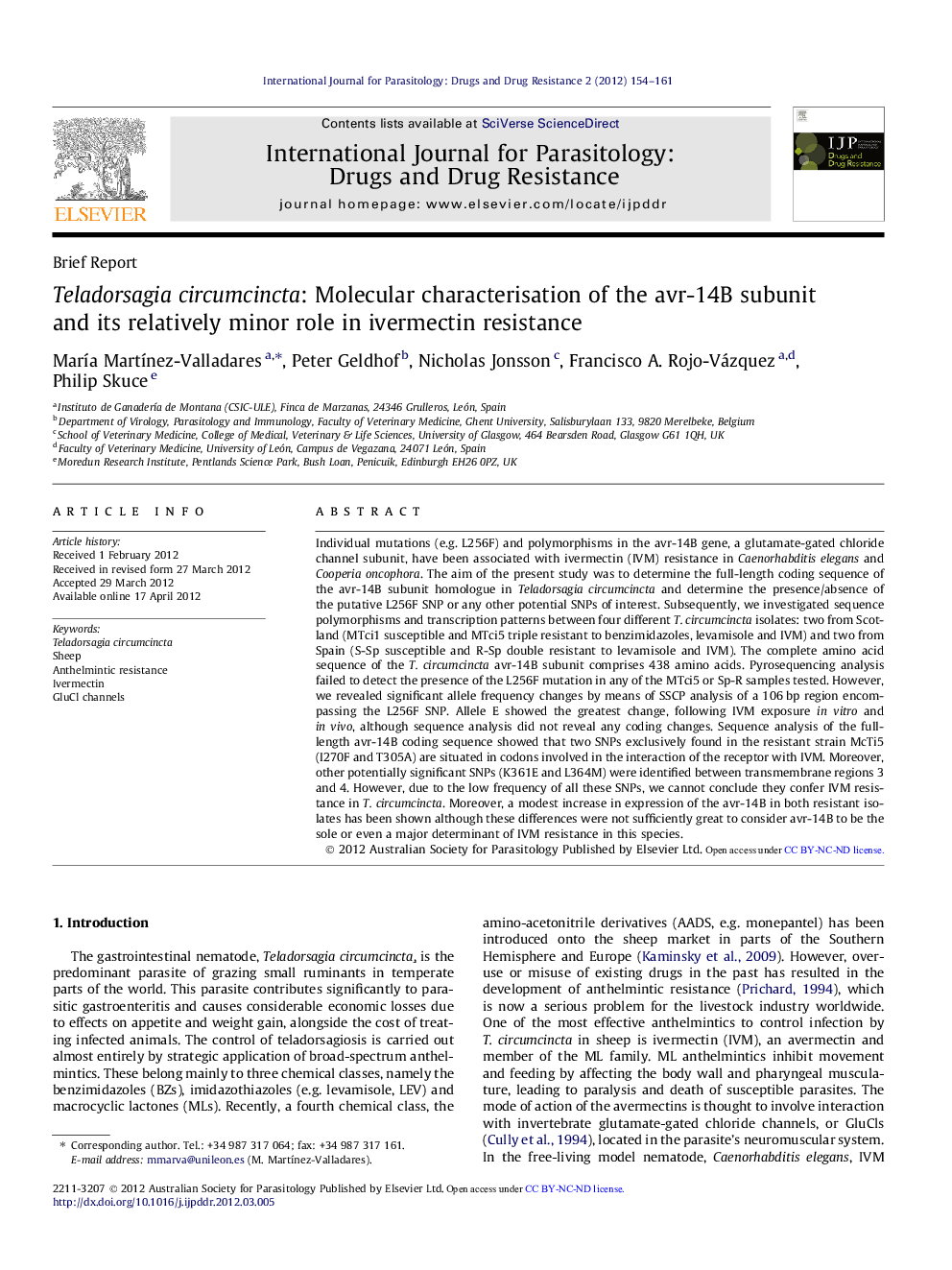 Teladorsagia circumcincta: Molecular characterisation of the avr-14B subunit and its relatively minor role in ivermectin resistance