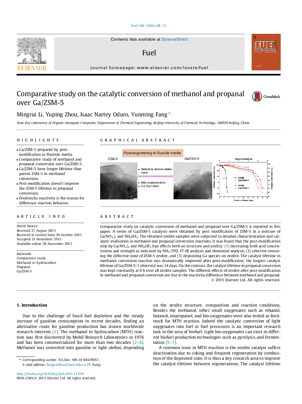 Comparative study on the catalytic conversion of methanol and propanal over Ga/ZSM-5