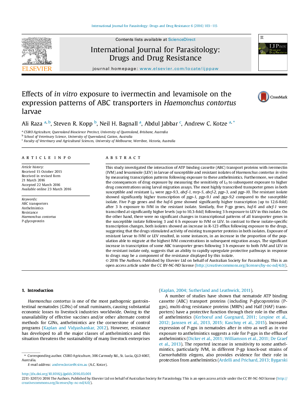 Effects of in vitro exposure to ivermectin and levamisole on the expression patterns of ABC transporters in Haemonchus contortus larvae