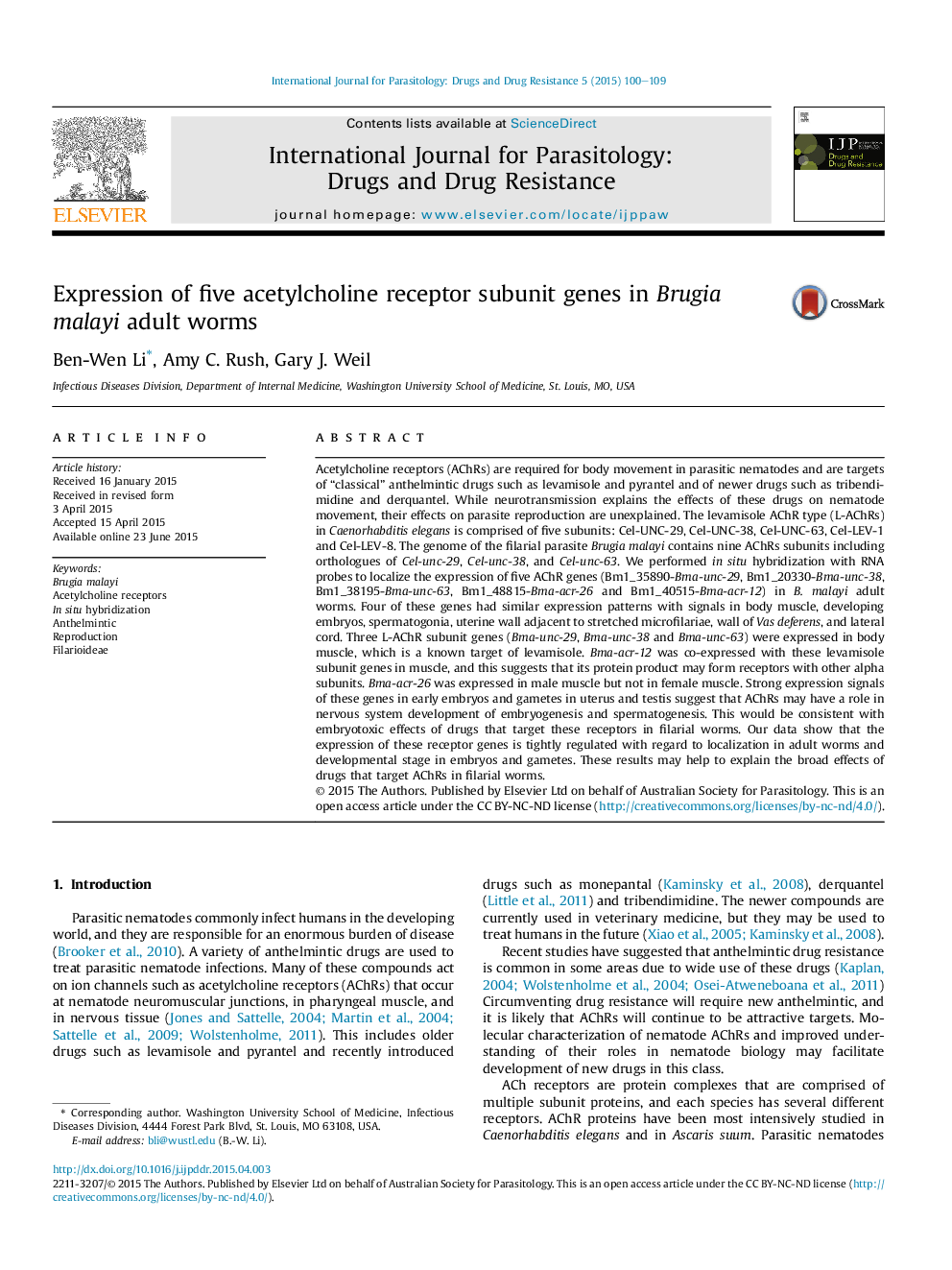 Expression of five acetylcholine receptor subunit genes in Brugia malayi adult worms