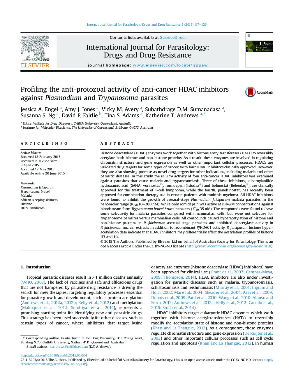 Profiling the anti-protozoal activity of anti-cancer HDAC inhibitors against Plasmodium and Trypanosoma parasites