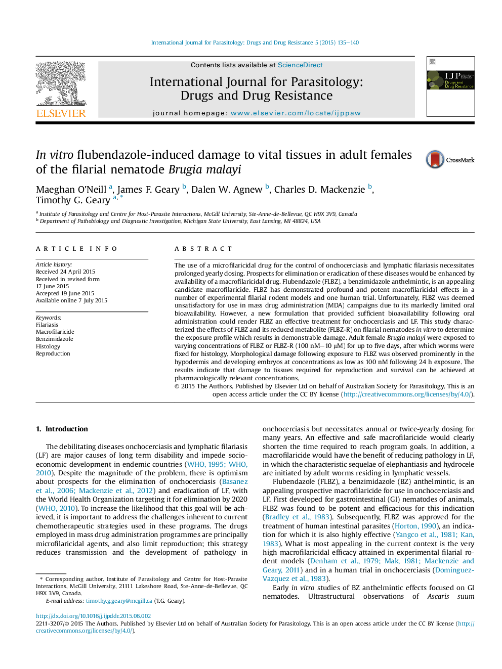 In vitro flubendazole-induced damage to vital tissues in adult females of the filarial nematode Brugia malayi