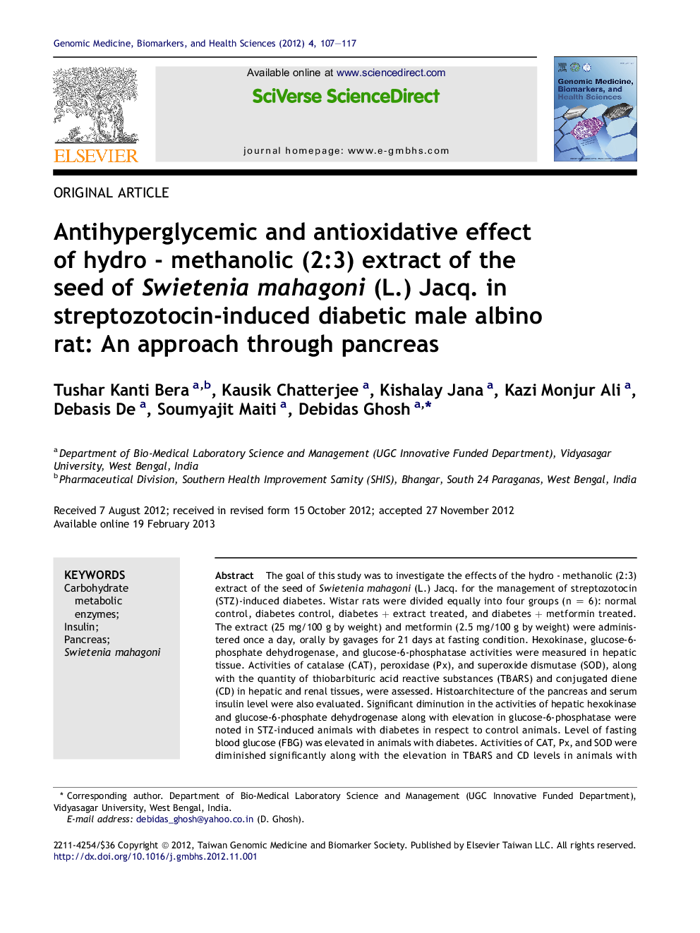 Antihyperglycemic and antioxidative effect of hydro - methanolic (2:3) extract of the seed of Swietenia mahagoni (L.) Jacq. in streptozotocin-induced diabetic male albino rat: An approach through pancreas