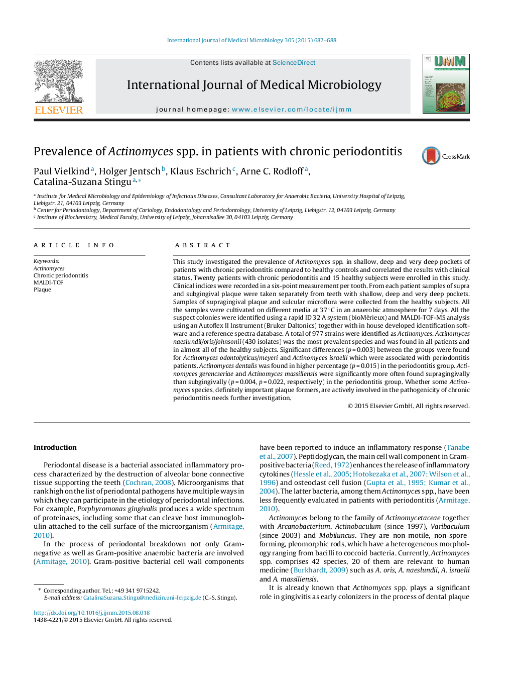 Prevalence of Actinomyces spp. in patients with chronic periodontitis