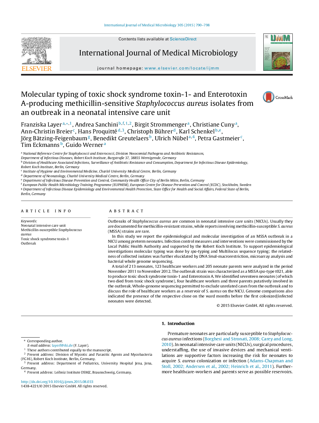 Molecular typing of toxic shock syndrome toxin-1- and Enterotoxin A-producing methicillin-sensitive Staphylococcus aureus isolates from an outbreak in a neonatal intensive care unit