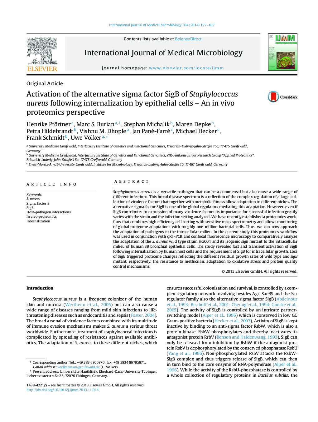 Activation of the alternative sigma factor SigB of Staphylococcus aureus following internalization by epithelial cells – An in vivo proteomics perspective