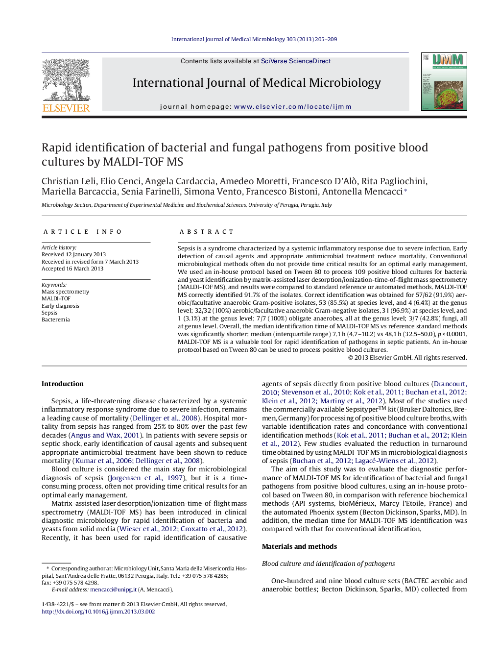 Rapid identification of bacterial and fungal pathogens from positive blood cultures by MALDI-TOF MS