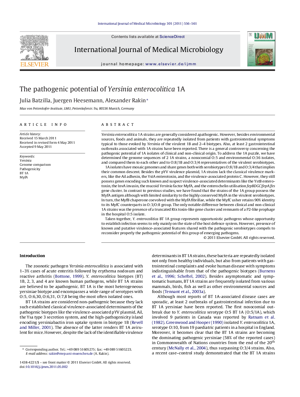 The pathogenic potential of Yersinia enterocolitica 1A