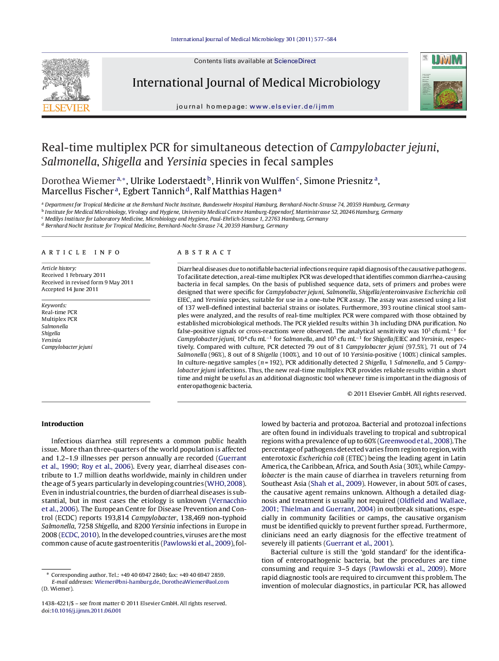 Real-time multiplex PCR for simultaneous detection of Campylobacter jejuni, Salmonella, Shigella and Yersinia species in fecal samples