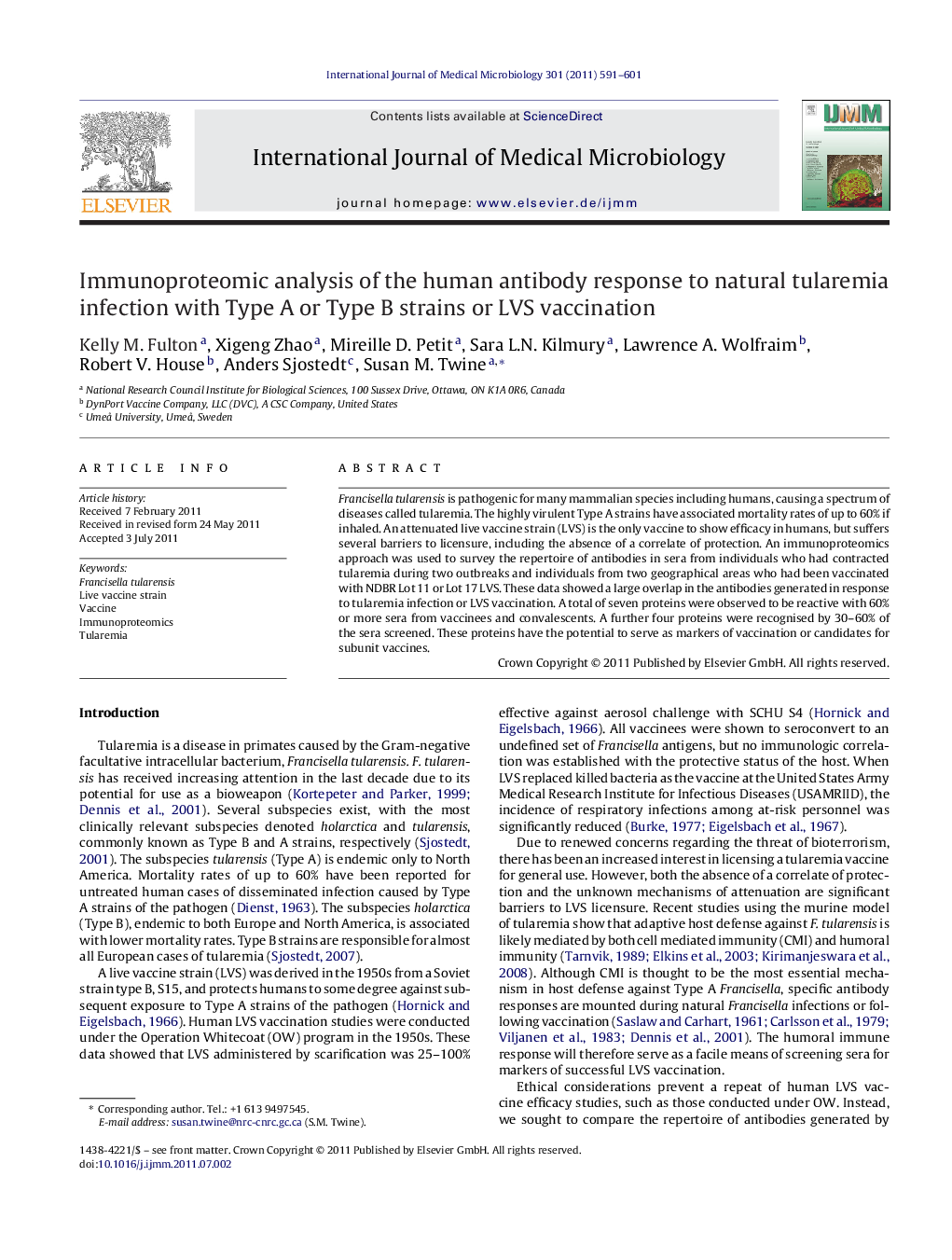 Immunoproteomic analysis of the human antibody response to natural tularemia infection with Type A or Type B strains or LVS vaccination