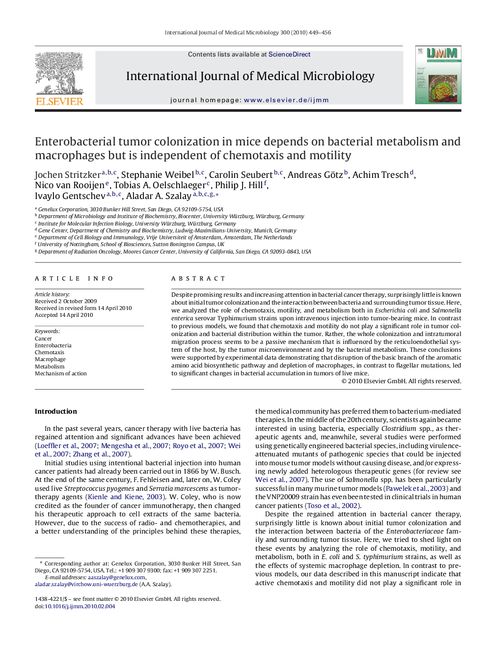 Enterobacterial tumor colonization in mice depends on bacterial metabolism and macrophages but is independent of chemotaxis and motility