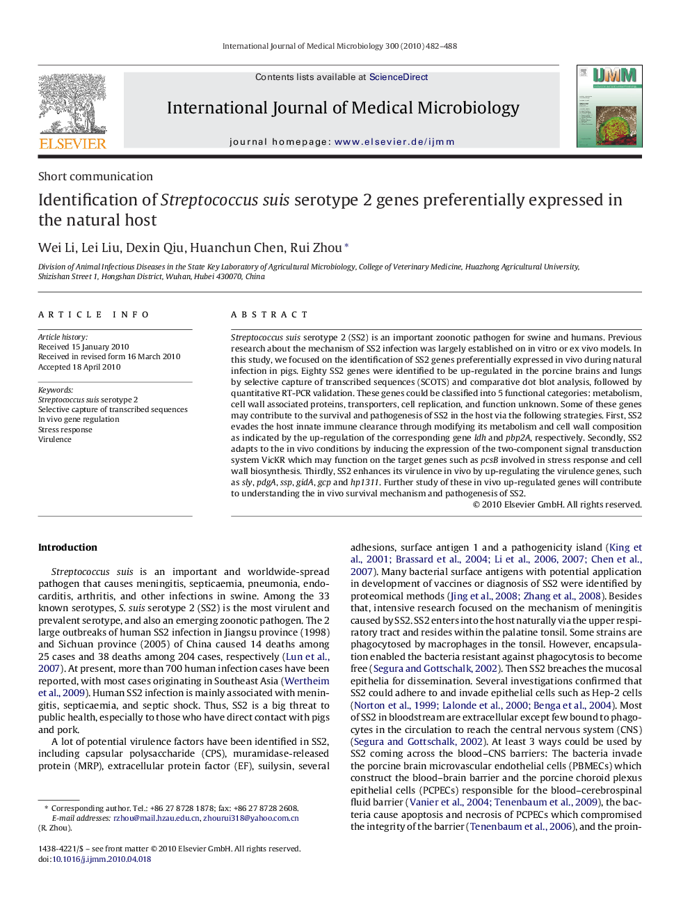 Identification of Streptococcus suis serotype 2 genes preferentially expressed in the natural host