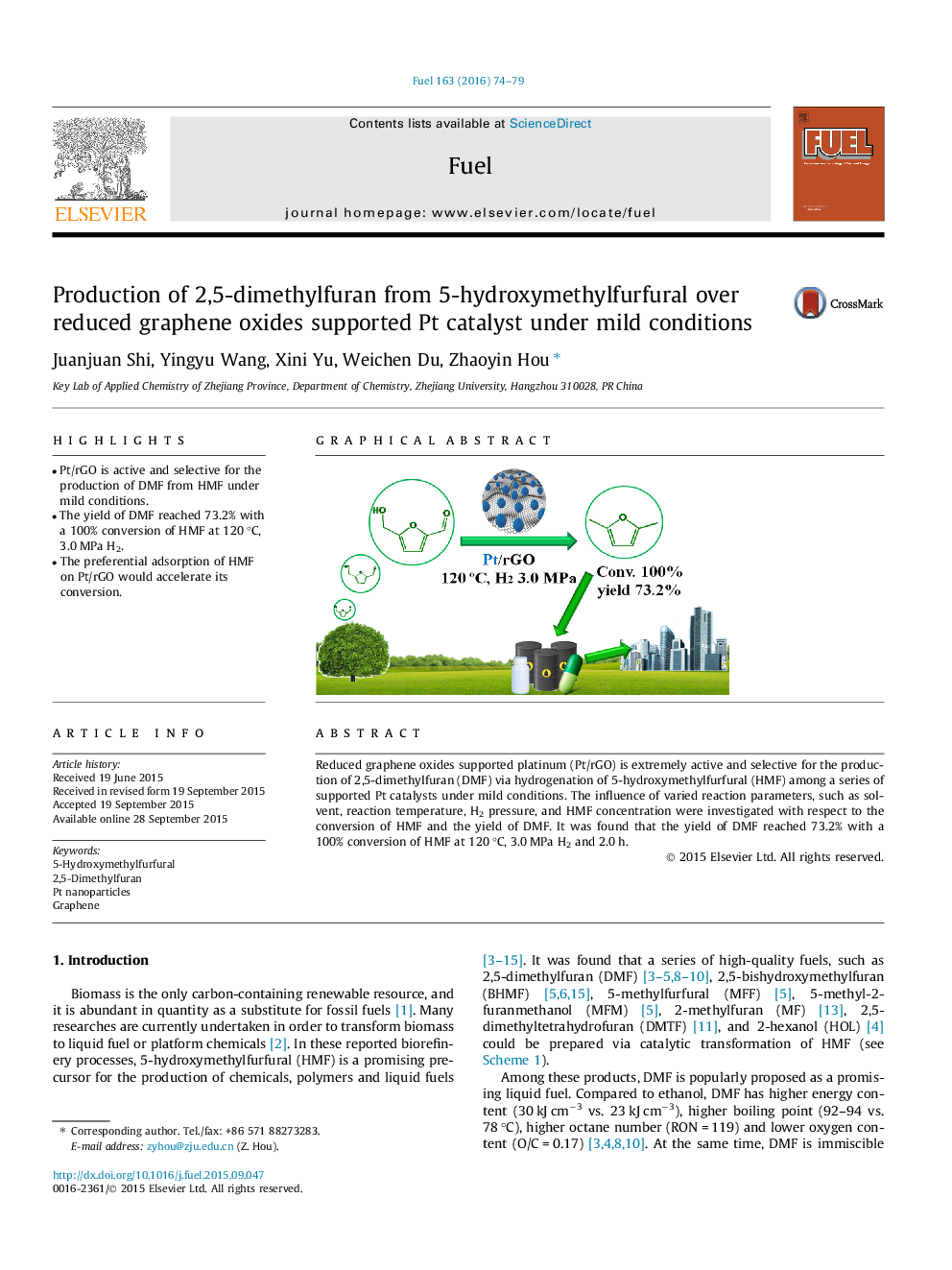 عکس صفحه اول مقاله: Production of 2,5-dimethylfuran from 5-hydroxymethylfurfural over reduced graphene oxides supported Pt catalyst under mild conditions Production of 2,5-dimethylfuran from 5-hydroxymethylfurfural over reduced graphene oxides supported Pt catalyst under mild conditions