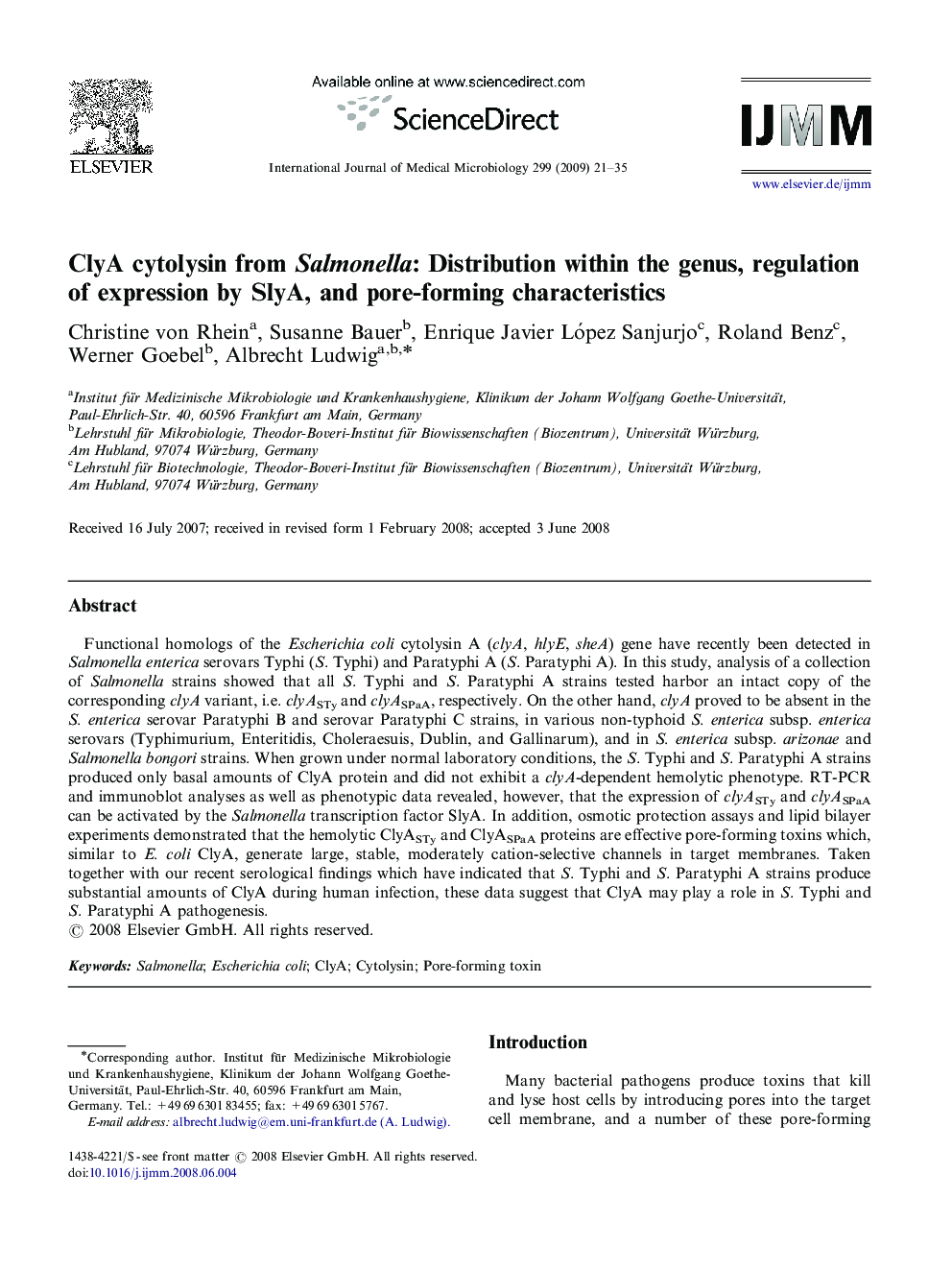 ClyA cytolysin from Salmonella: Distribution within the genus, regulation of expression by SlyA, and pore-forming characteristics