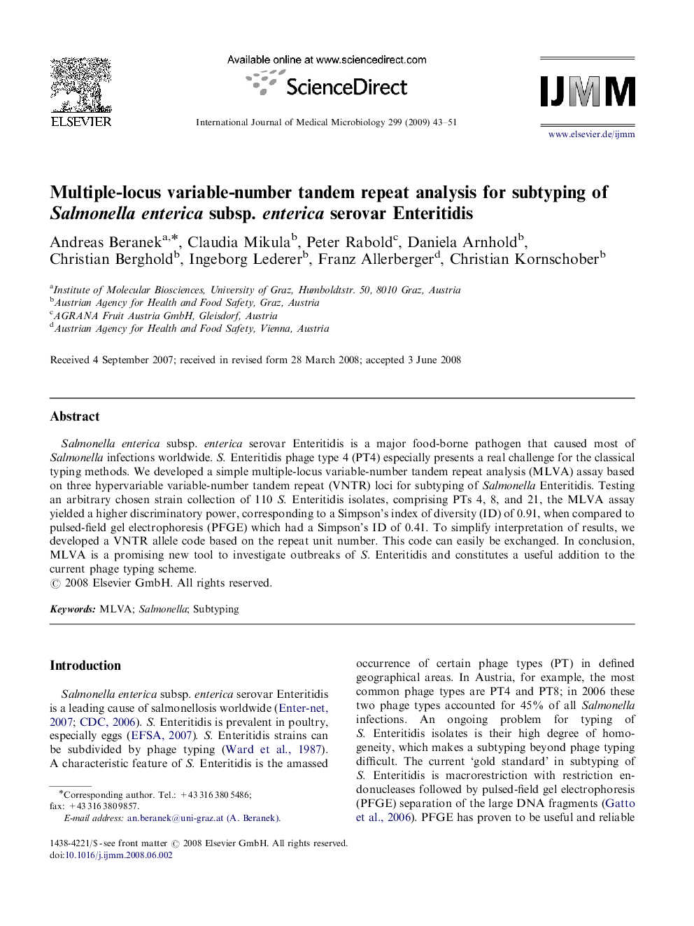 Multiple-locus variable-number tandem repeat analysis for subtyping of Salmonella enterica subsp. enterica serovar Enteritidis