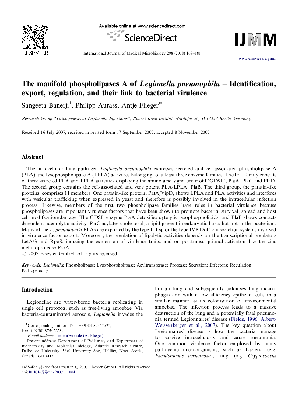 The manifold phospholipases A of Legionella pneumophila – Identification, export, regulation, and their link to bacterial virulence