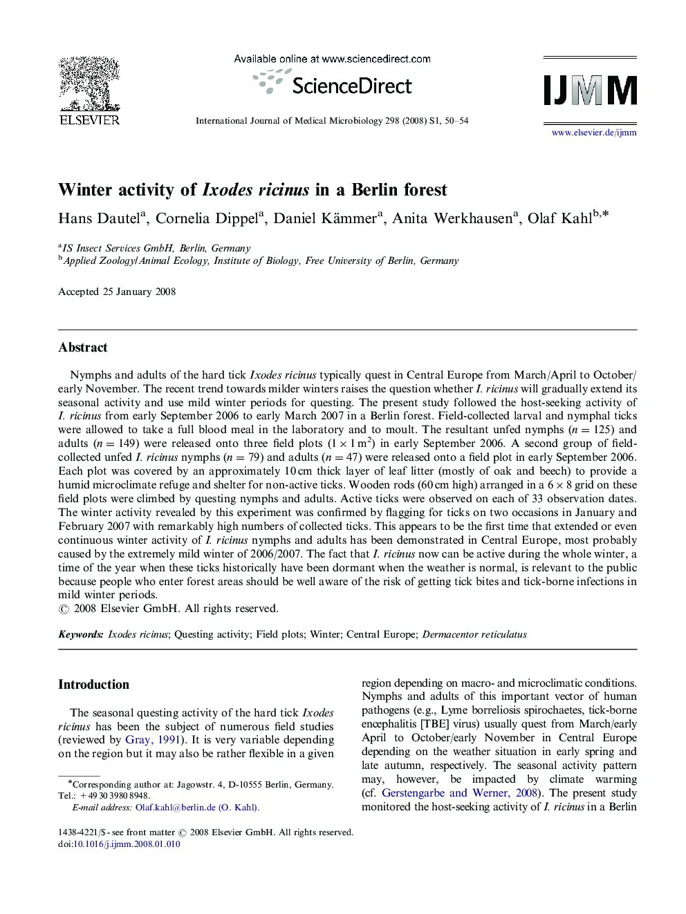 Winter activity of Ixodes ricinus in a Berlin forest