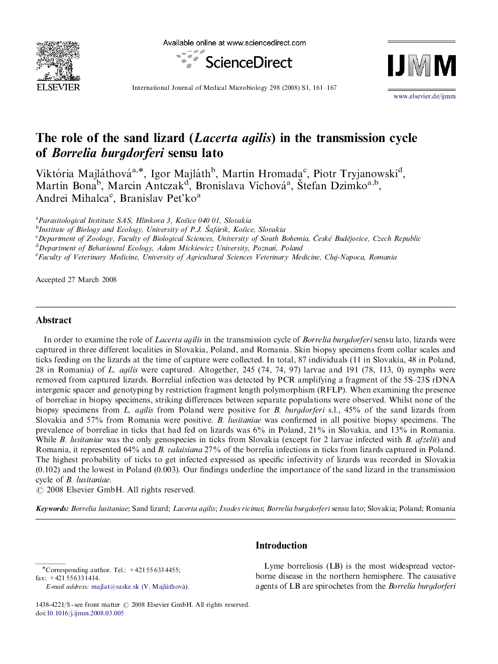 The role of the sand lizard (Lacerta agilis) in the transmission cycle of Borrelia burgdorferi sensu lato