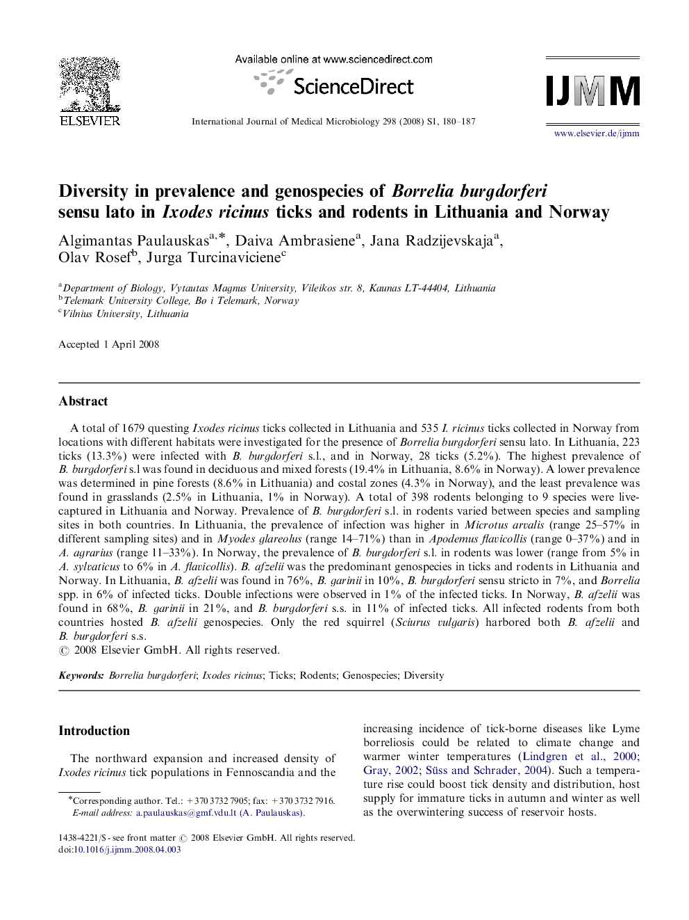 Diversity in prevalence and genospecies of Borrelia burgdorferi sensu lato in Ixodes ricinus ticks and rodents in Lithuania and Norway