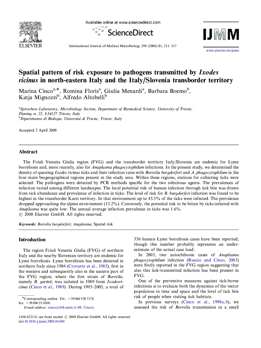 Spatial pattern of risk exposure to pathogens transmitted by Ixodes ricinus in north-eastern Italy and the Italy/Slovenia transborder territory