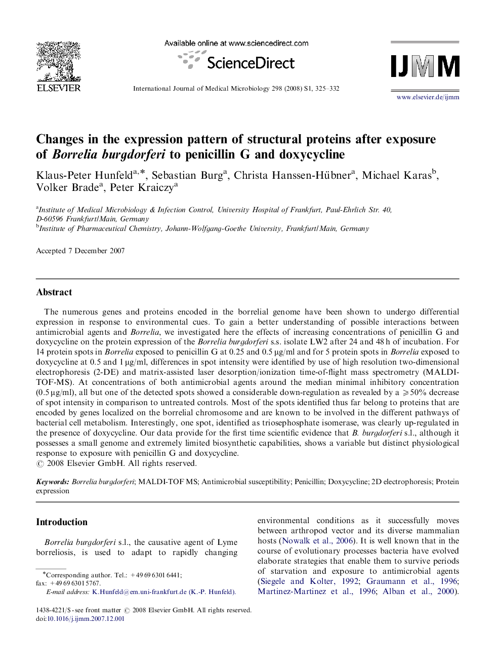 Changes in the expression pattern of structural proteins after exposure of Borrelia burgdorferi to penicillin G and doxycycline