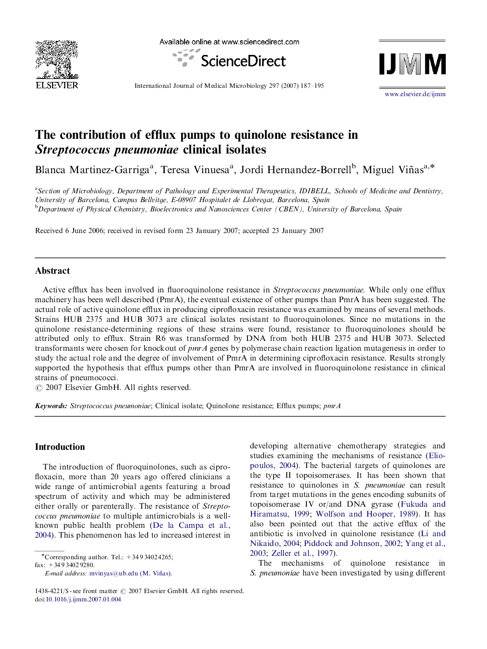 The contribution of efflux pumps to quinolone resistance in Streptococcus pneumoniae clinical isolates