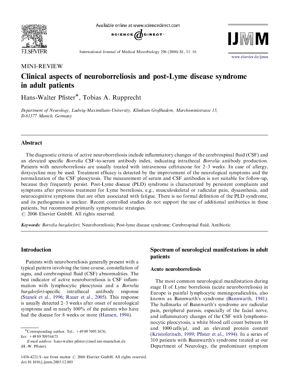 Clinical aspects of neuroborreliosis and post-Lyme disease syndrome in adult patients