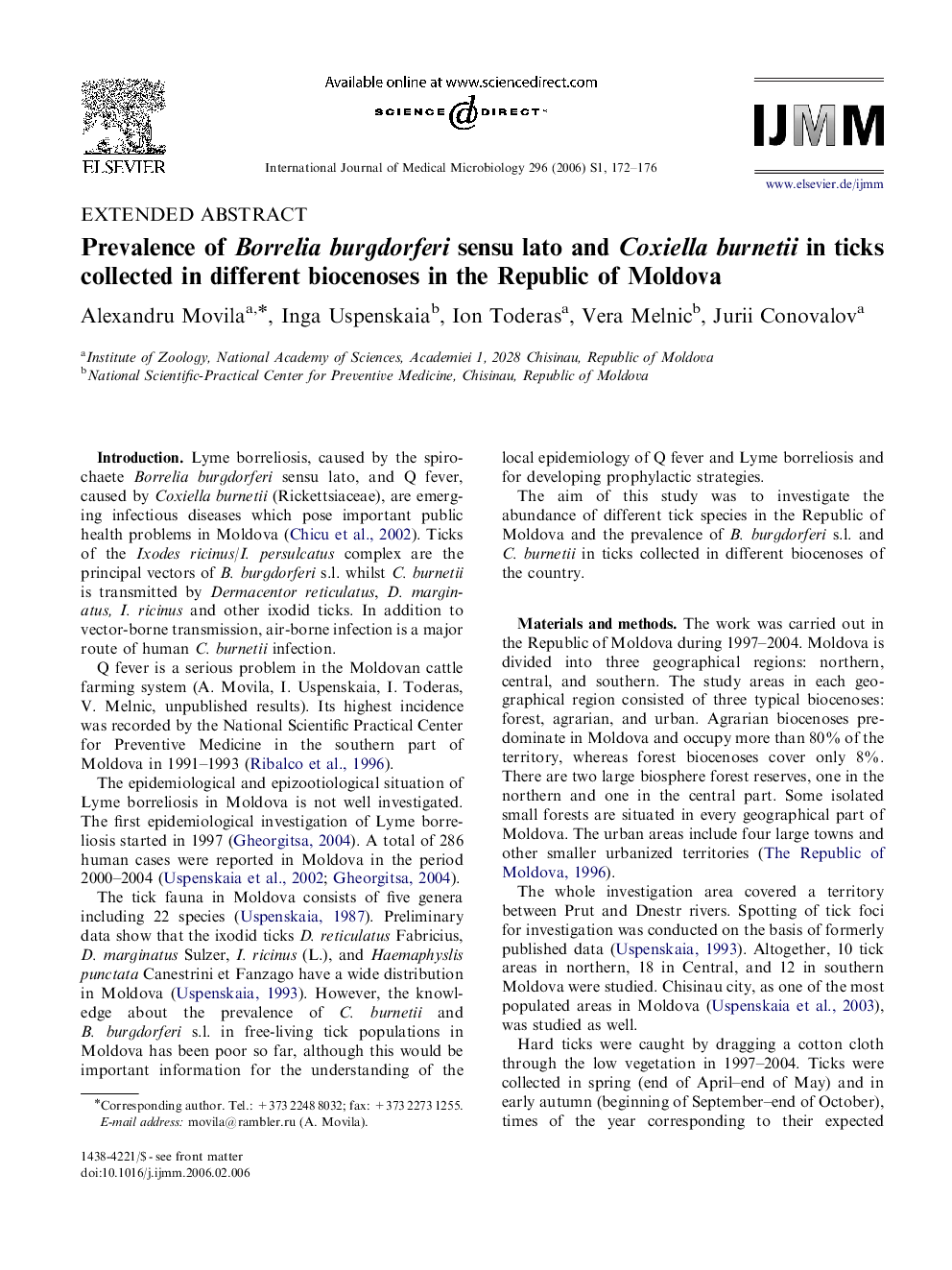 Prevalence of Borrelia burgdorferi sensu lato and Coxiella burnetii in ticks collected in different biocenoses in the Republic of Moldova