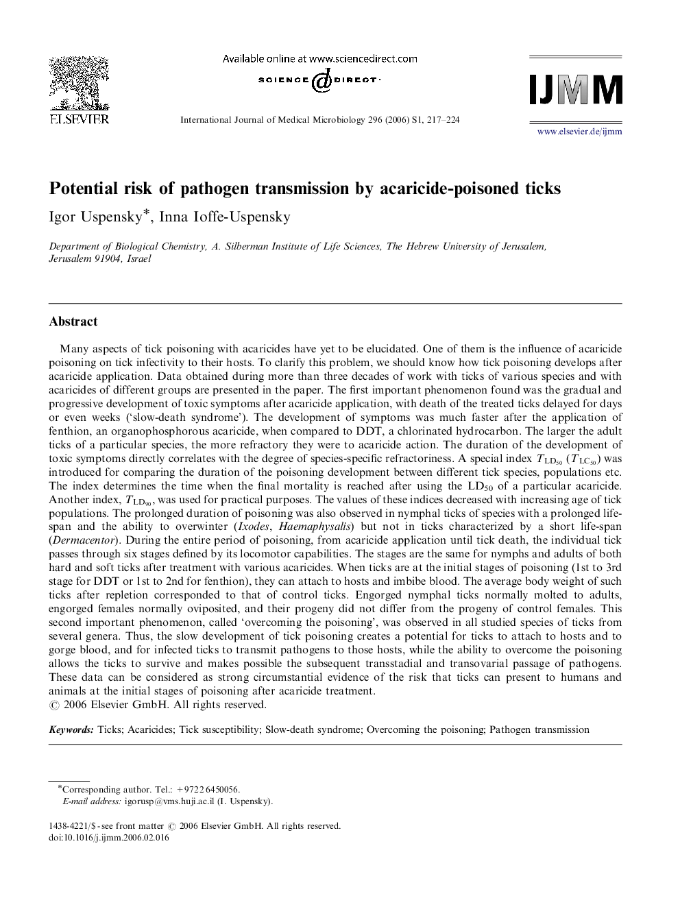 Potential risk of pathogen transmission by acaricide-poisoned ticks