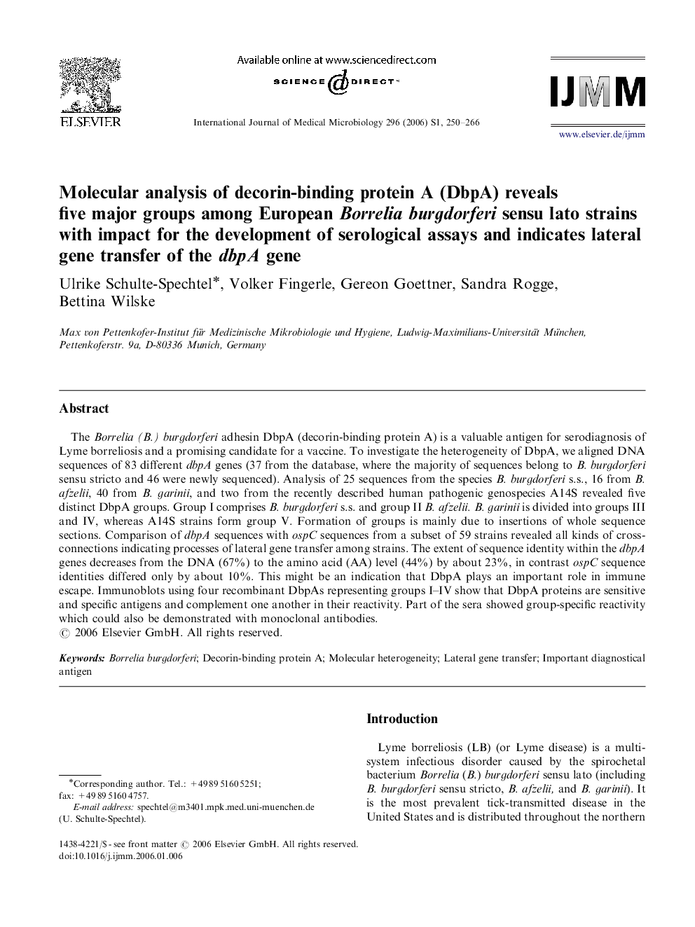 Molecular analysis of decorin-binding protein A (DbpA) reveals five major groups among European Borrelia burgdorferi sensu lato strains with impact for the development of serological assays and indicates lateral gene transfer of the dbpA gene