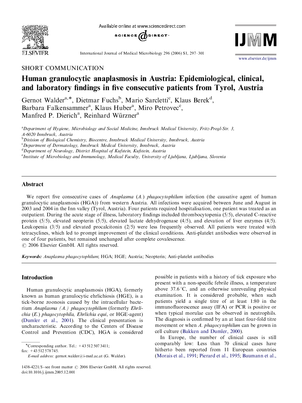 Human granulocytic anaplasmosis in Austria: Epidemiological, clinical, and laboratory findings in five consecutive patients from Tyrol, Austria