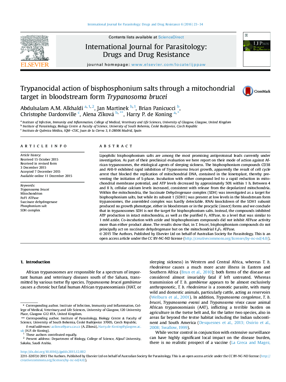 Trypanocidal action of bisphosphonium salts through a mitochondrial target in bloodstream form Trypanosoma brucei