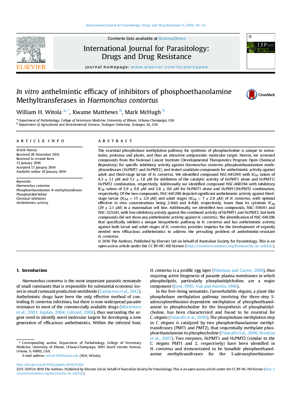 In vitro anthelmintic efficacy of inhibitors of phosphoethanolamine Methyltransferases in Haemonchus contortus