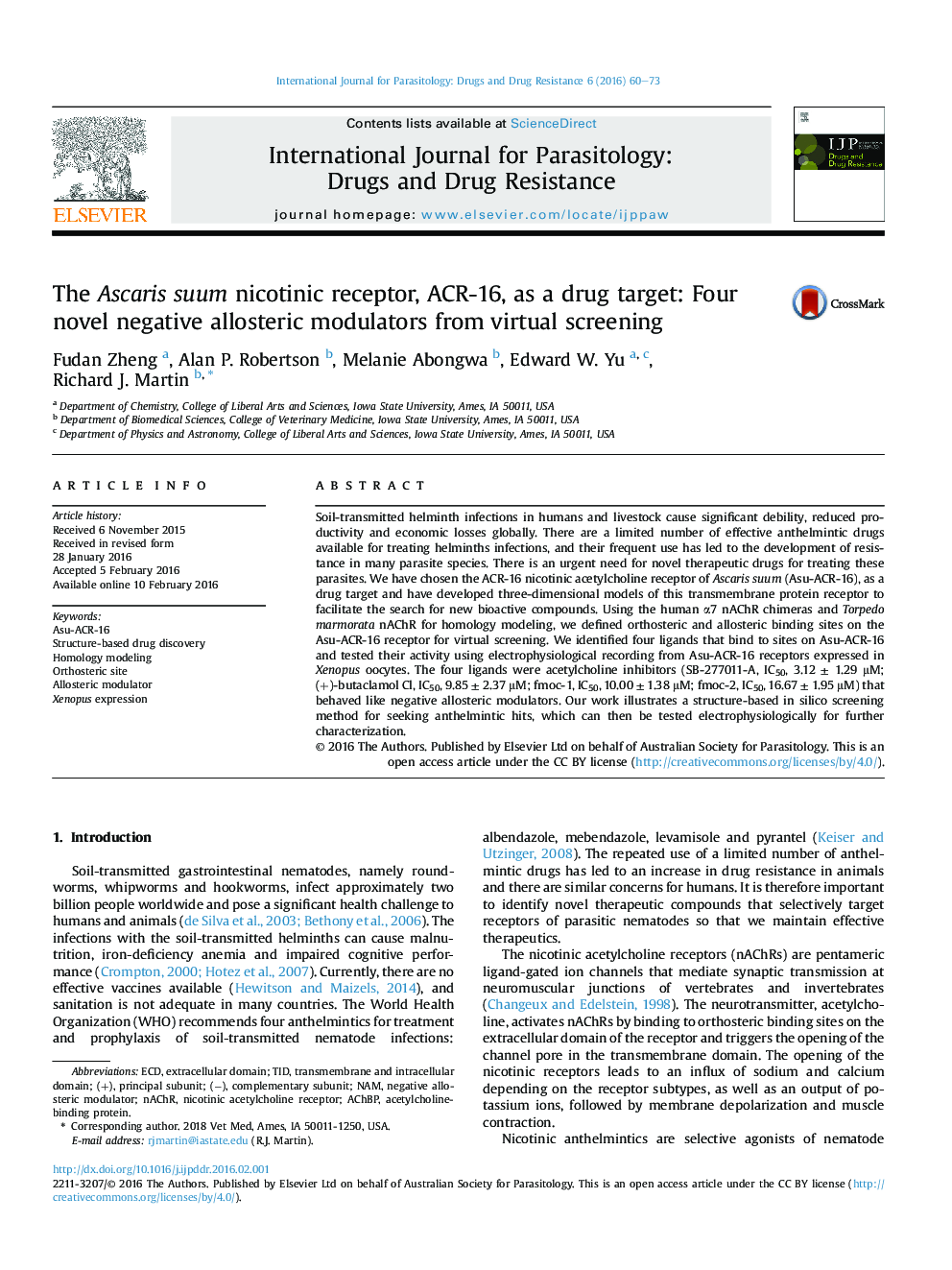 The Ascaris suum nicotinic receptor, ACR-16, as a drug target: Four novel negative allosteric modulators from virtual screening
