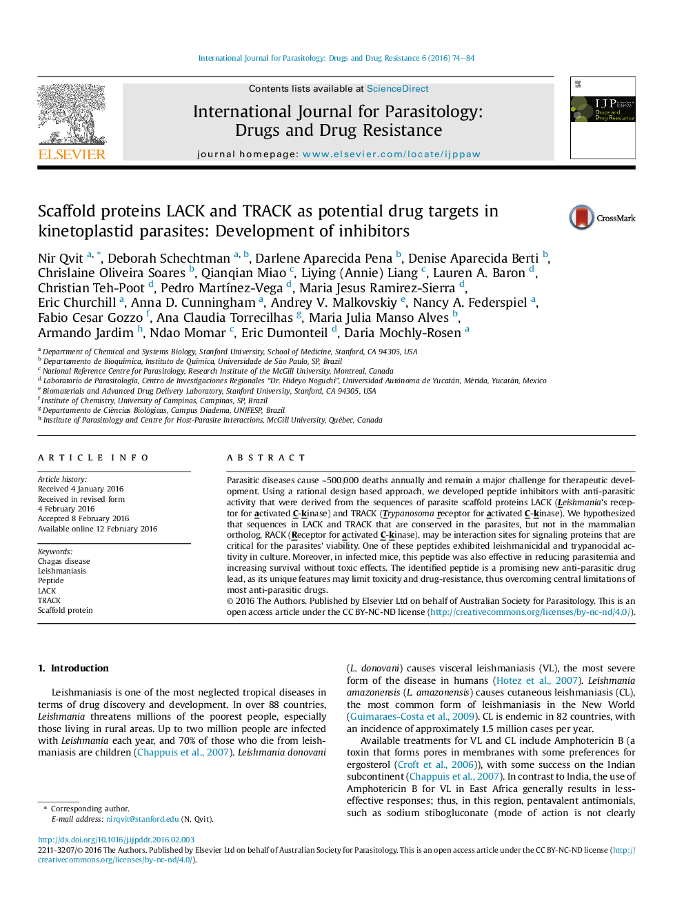 Scaffold proteins LACK and TRACK as potential drug targets in kinetoplastid parasites: Development of inhibitors