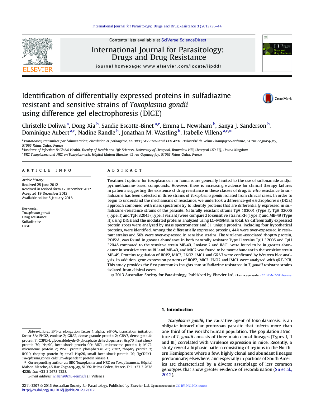 Identification of differentially expressed proteins in sulfadiazine resistant and sensitive strains of Toxoplasma gondii using difference-gel electrophoresis (DIGE)