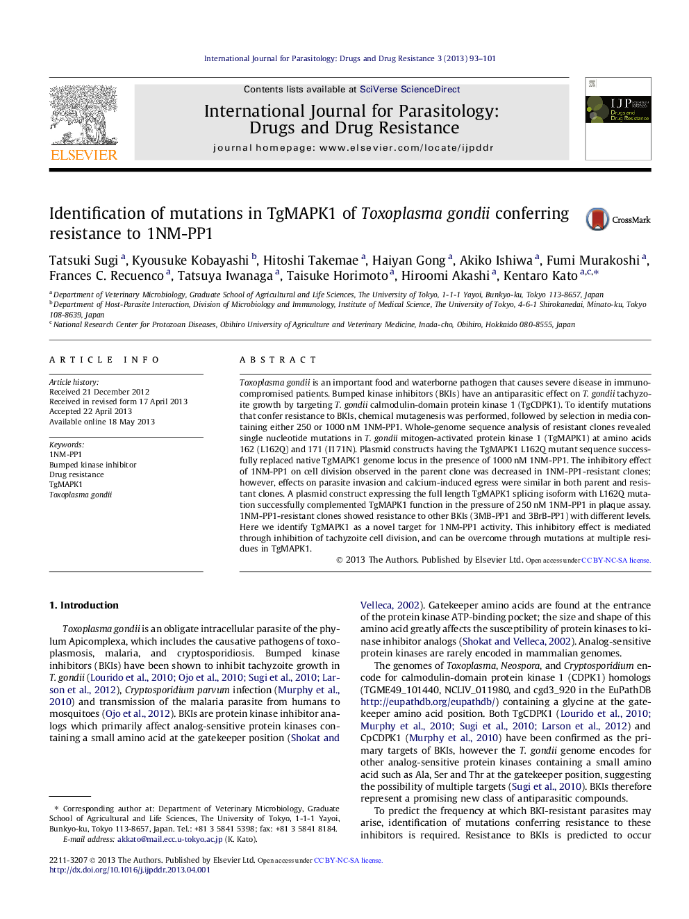 Identification of mutations in TgMAPK1 of Toxoplasma gondii conferring resistance to 1NM-PP1