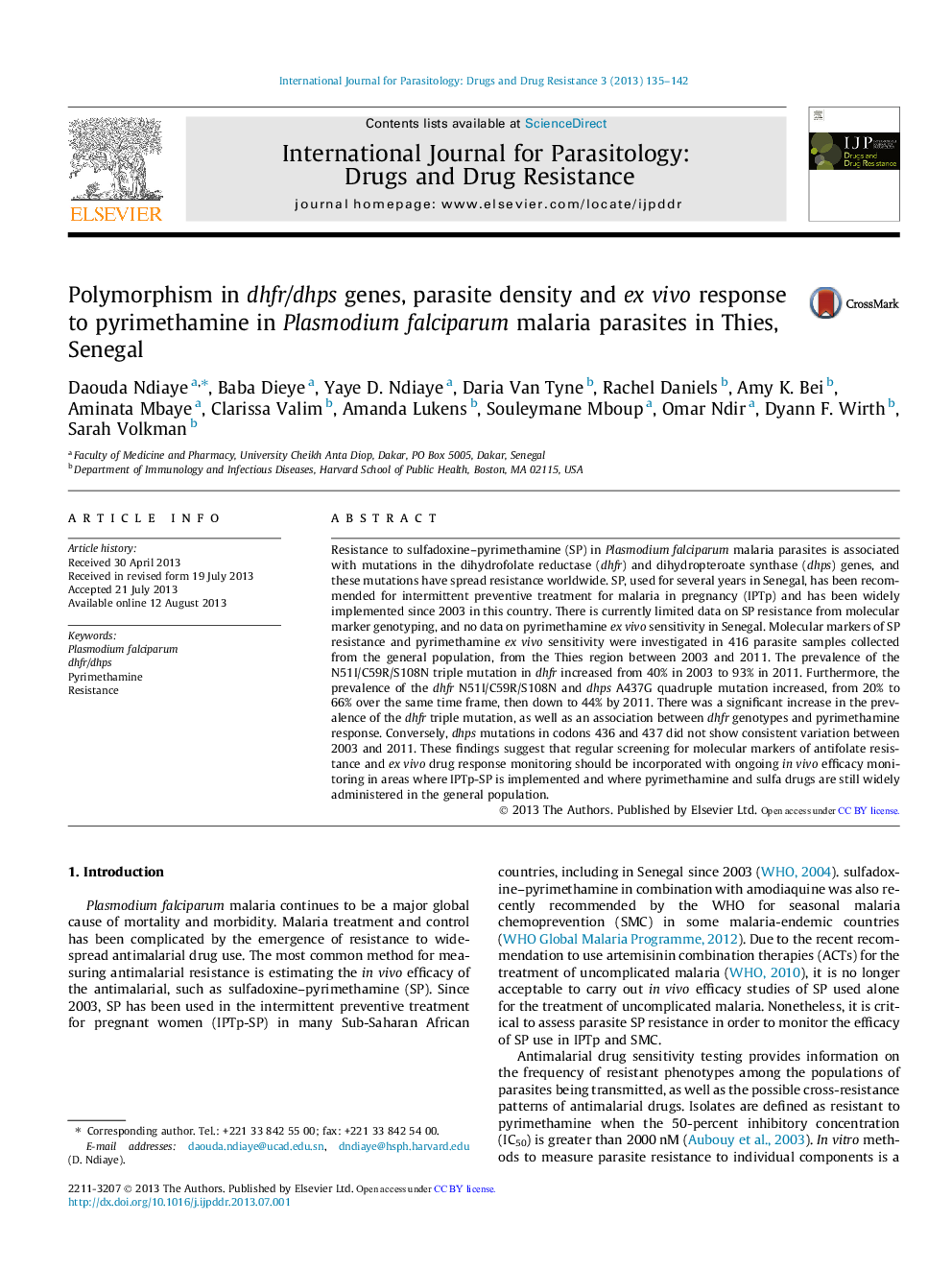 Polymorphism in dhfr/dhps genes, parasite density and ex vivo response to pyrimethamine in Plasmodium falciparum malaria parasites in Thies, Senegal