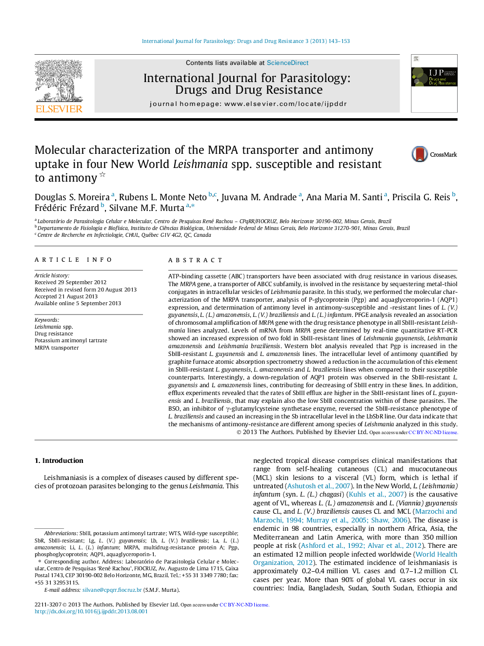 Molecular characterization of the MRPA transporter and antimony uptake in four New World Leishmania spp. susceptible and resistant to antimony