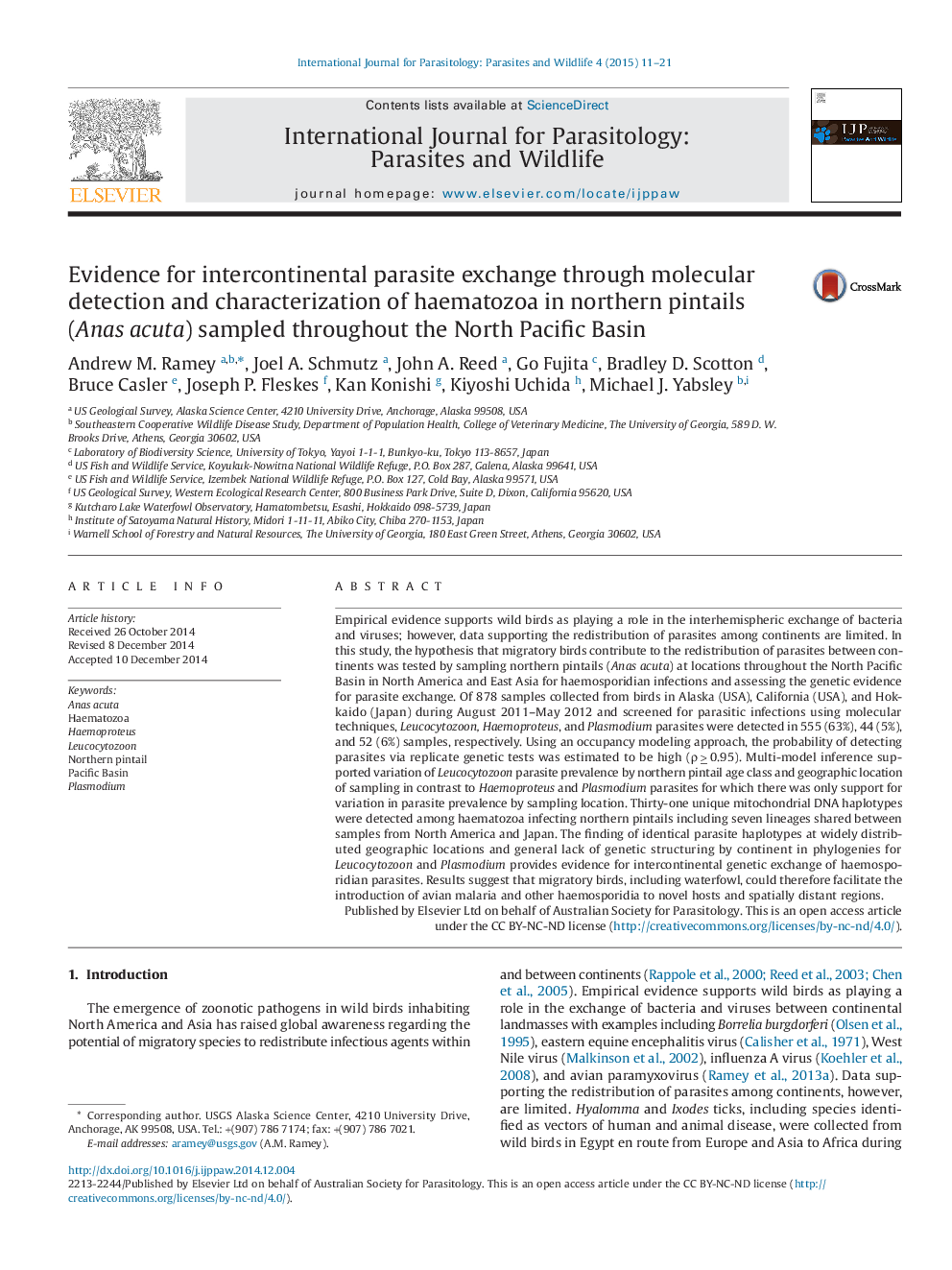 Evidence for intercontinental parasite exchange through molecular detection and characterization of haematozoa in northern pintails (Anas acuta) sampled throughout the North Pacific Basin