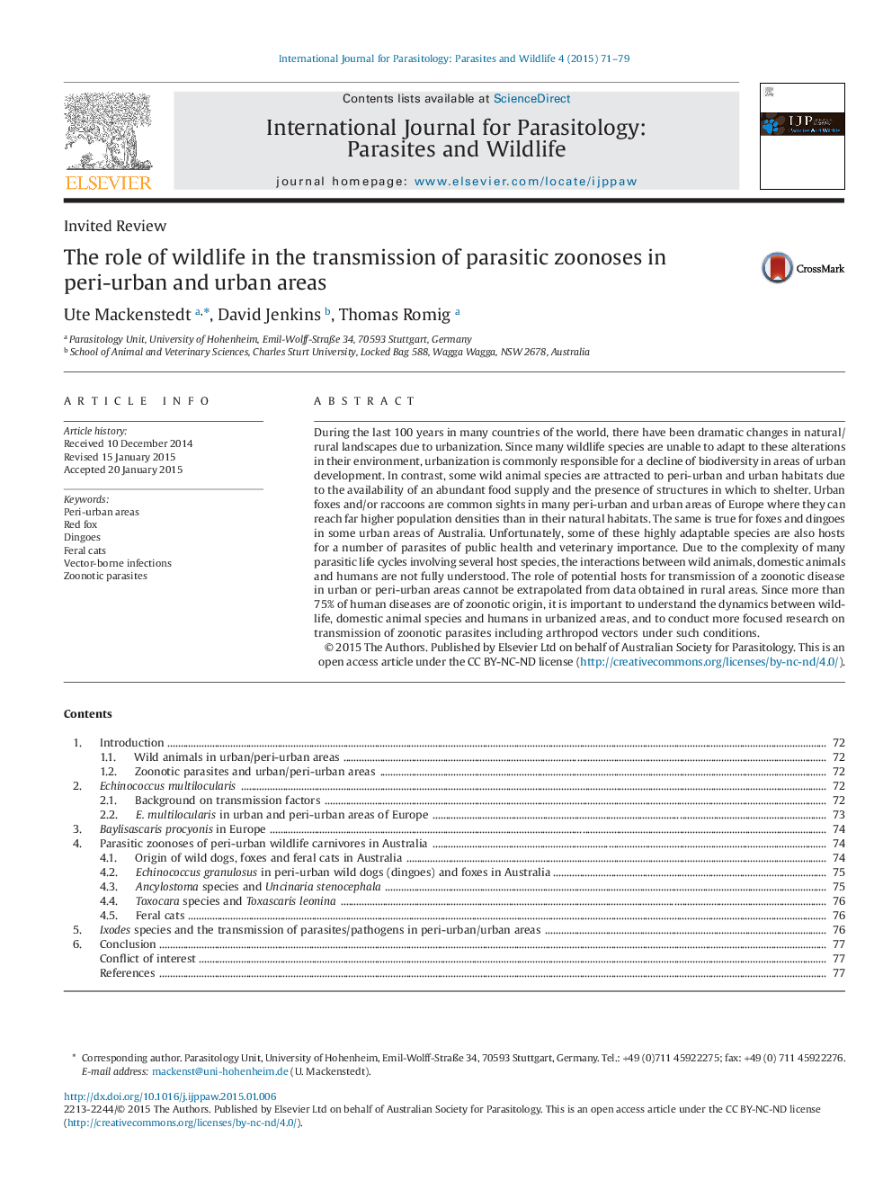 The role of wildlife in the transmission of parasitic zoonoses in peri-urban and urban areas