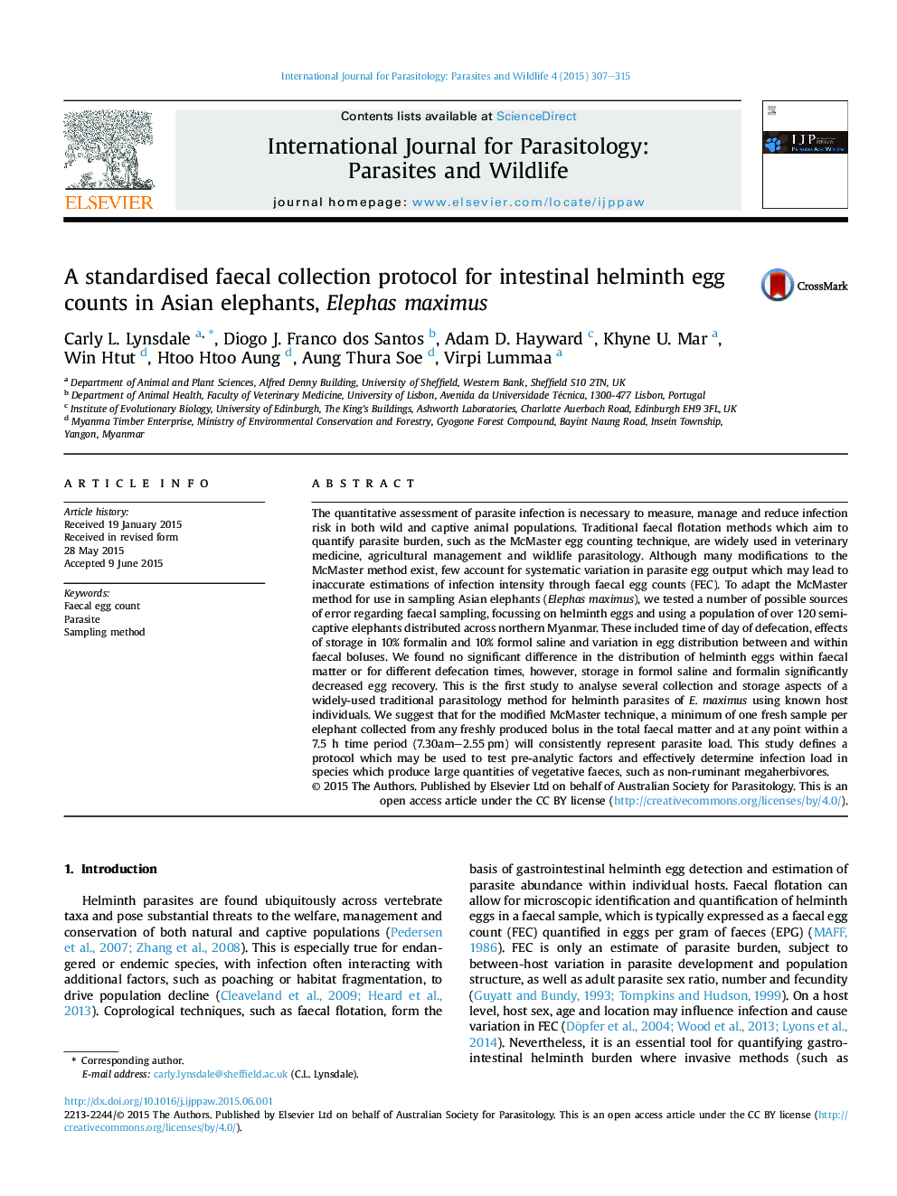 A standardised faecal collection protocol for intestinal helminth egg counts in Asian elephants, Elephas maximus