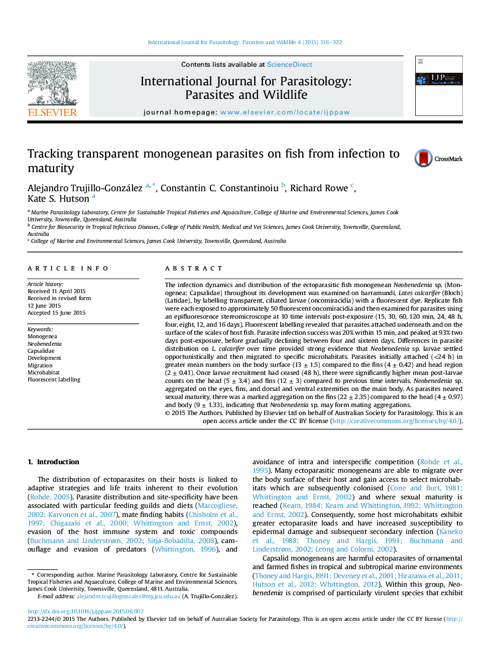 Tracking transparent monogenean parasites on fish from infection to maturity