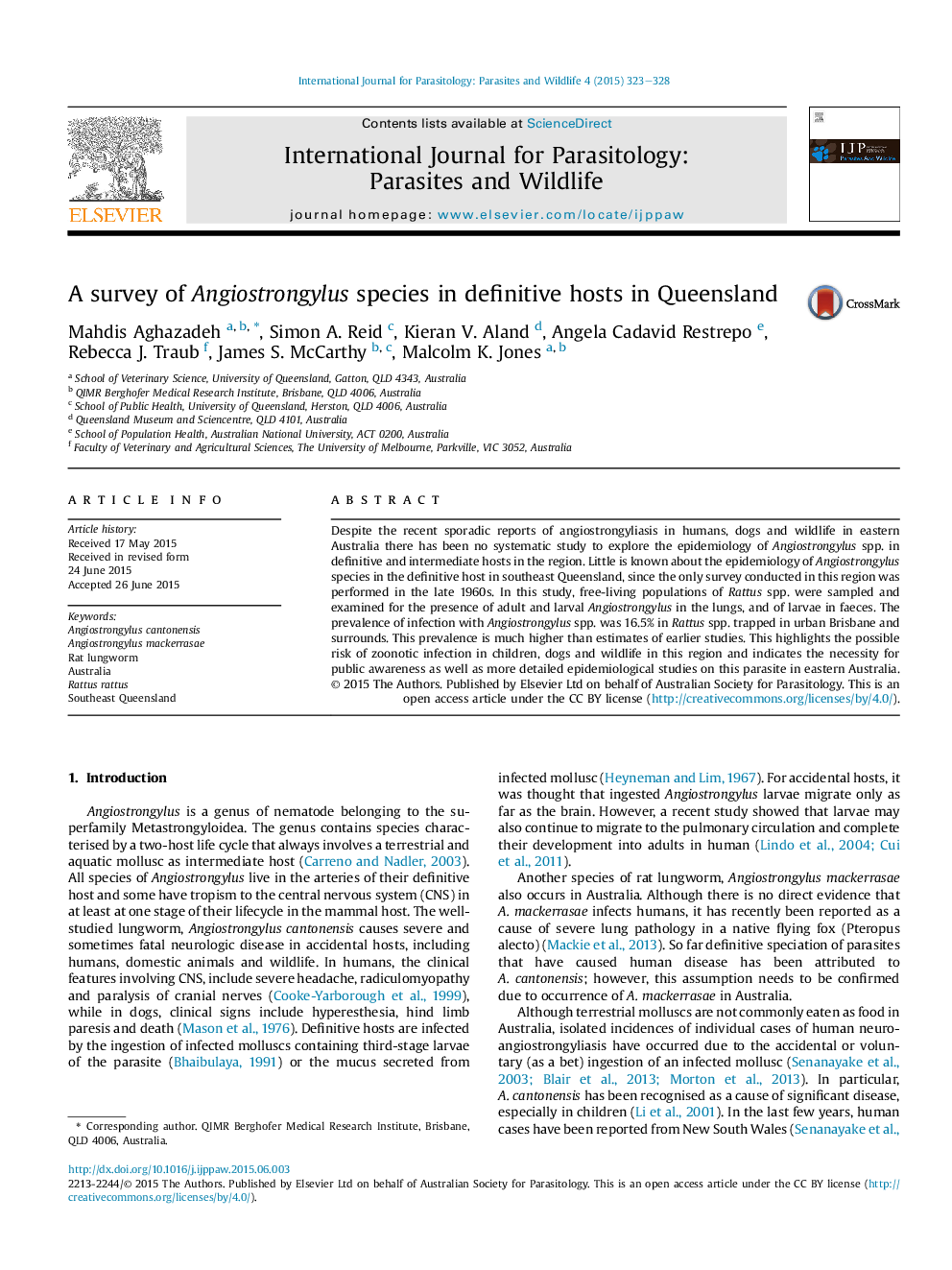 A survey of Angiostrongylus species in definitive hosts in Queensland