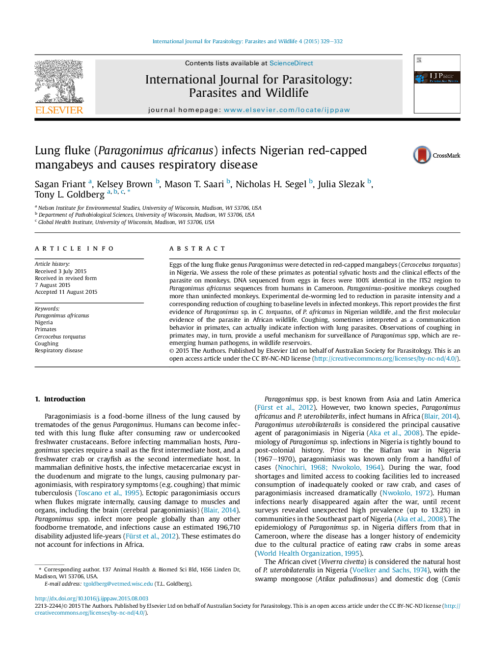 Lung fluke (Paragonimus africanus) infects Nigerian red-capped mangabeys and causes respiratory disease